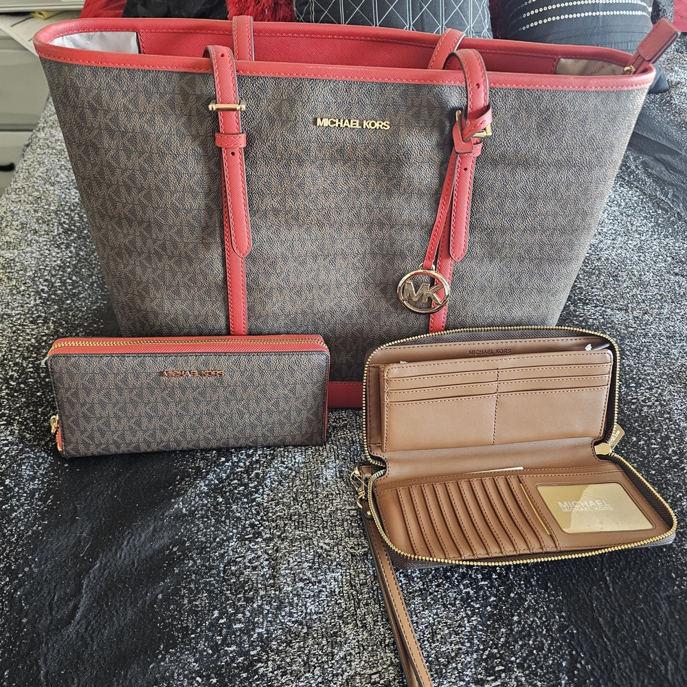 Michael Kors Brown and Red Tote Bag (Wallet Choice Sold Separate)